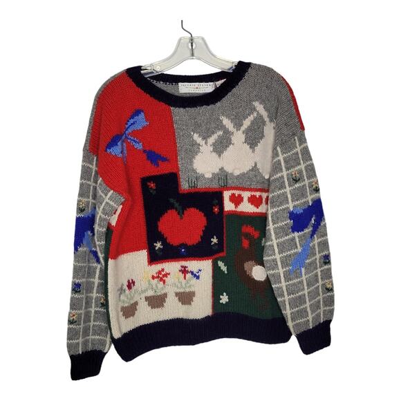 Vintage Sweaters - Vintage Women Novelty Twee Shetland Wool Sweater Granny Country Patchwork Large